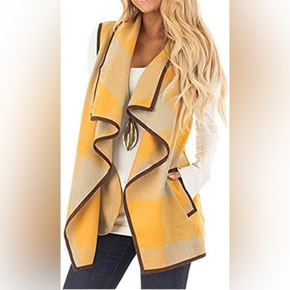 Women's soft Yellow/Gray/Brown Plaid Vest - Picture 2 of 8